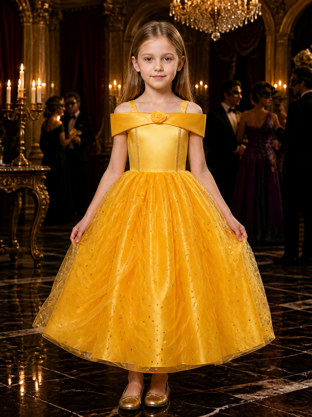 Girls Gold Yellow Sequined Tutu Princess Dress with Bow and Rose, Halter Neck