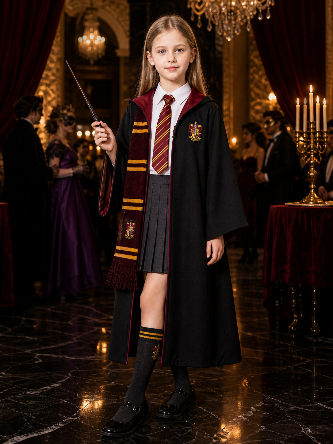 Women's Wizard School Costume Set with Hooded Robe, Wand, Tie, Scarf, Skirt and Costume Accessories detail