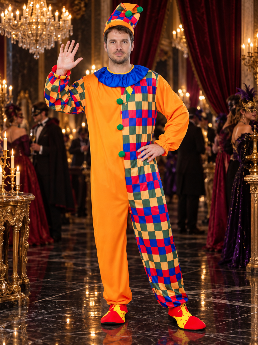 Adult Clown Costume, Orange Jumpsuit, Hat
