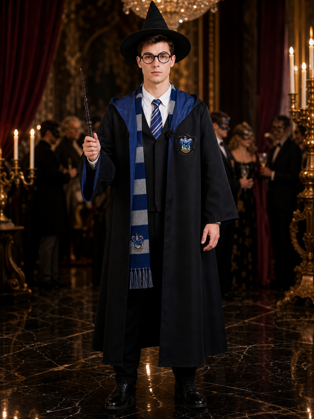 Wizard Robe Costume Set With Hooded Cloak, Shirt, Tie, Scarf, Glasses, Wand And Costume Capes detail