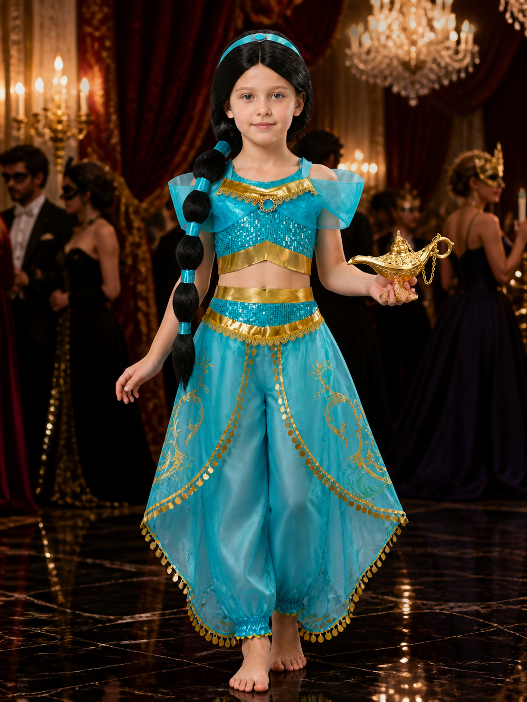 Kids Arabian Princess Sequin Costume Set with Wig, Headpiece and Lamp Prop Costume Wigs detail