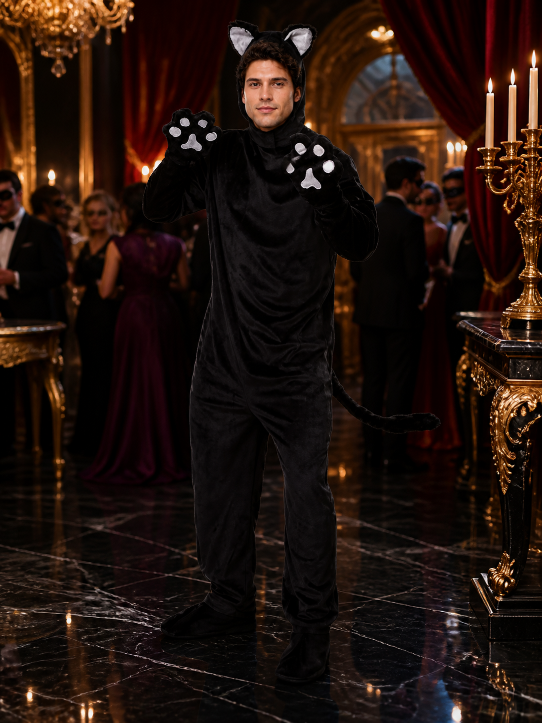 Black Cat Animal Jumpsuit Costume, Cat-Ear Hood, Tail and Paw Print Details Costumes detail