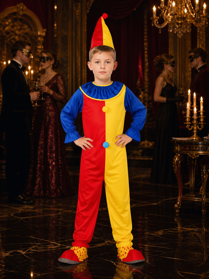 Boys' Clown Jumpsuit Costume Set With Hat, Halloween Cosplay Outfit Costume Headwear detail