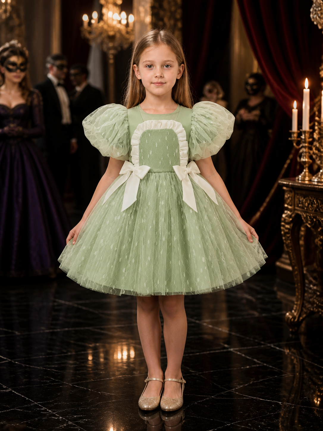 Girls' Light Green Organza Princess Dress, Puff Sleeve Layered Tulle Gown Costume Dresses detail