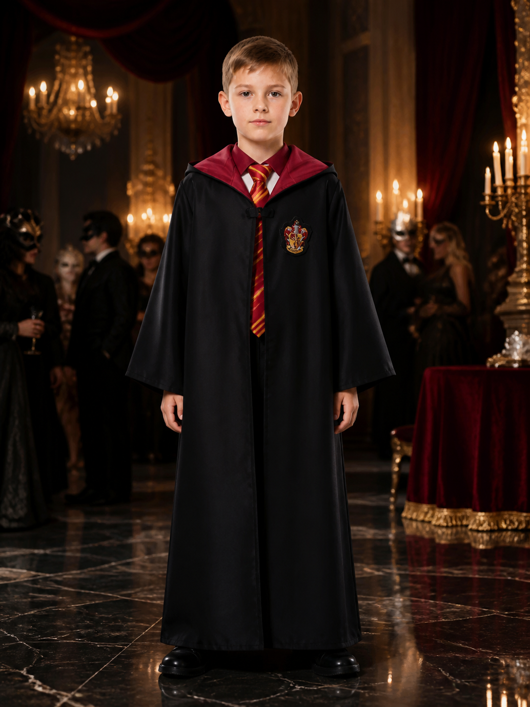 Kids Wizard Costume Set, Hooded Long Black Robe with Red and Gold Striped Tie Costumes detail