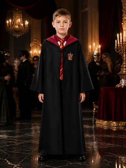 Kids Wizard Costume Set, Hooded Long Black Robe with Red and Gold Striped Tie Costumes detail