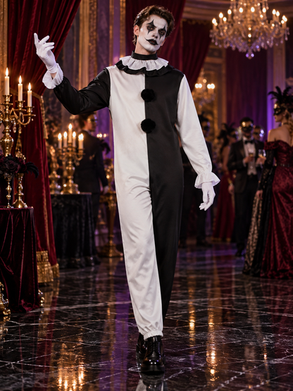 Black and White Clown Costume for Cosplay with Jabot and Gloves