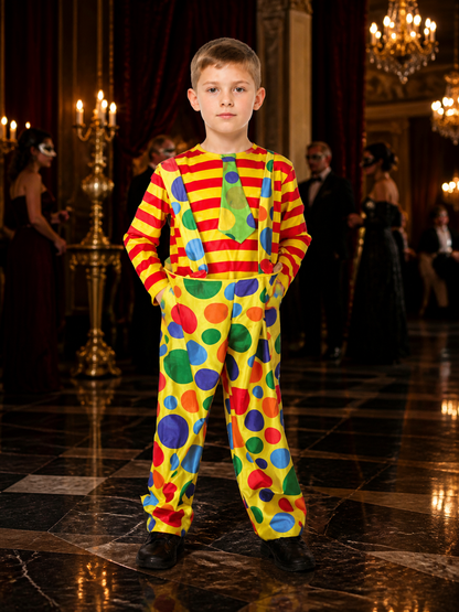 Children's Colorful Clown Costume Set, Striped Shirt, Polka Dot Suspenders and Costumes detail