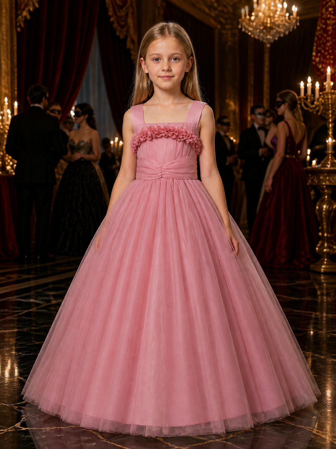 Girls' Pink Princess Dress, Layered Organza Long Gown With Floral Bodice And Bow Costume Dresses detail