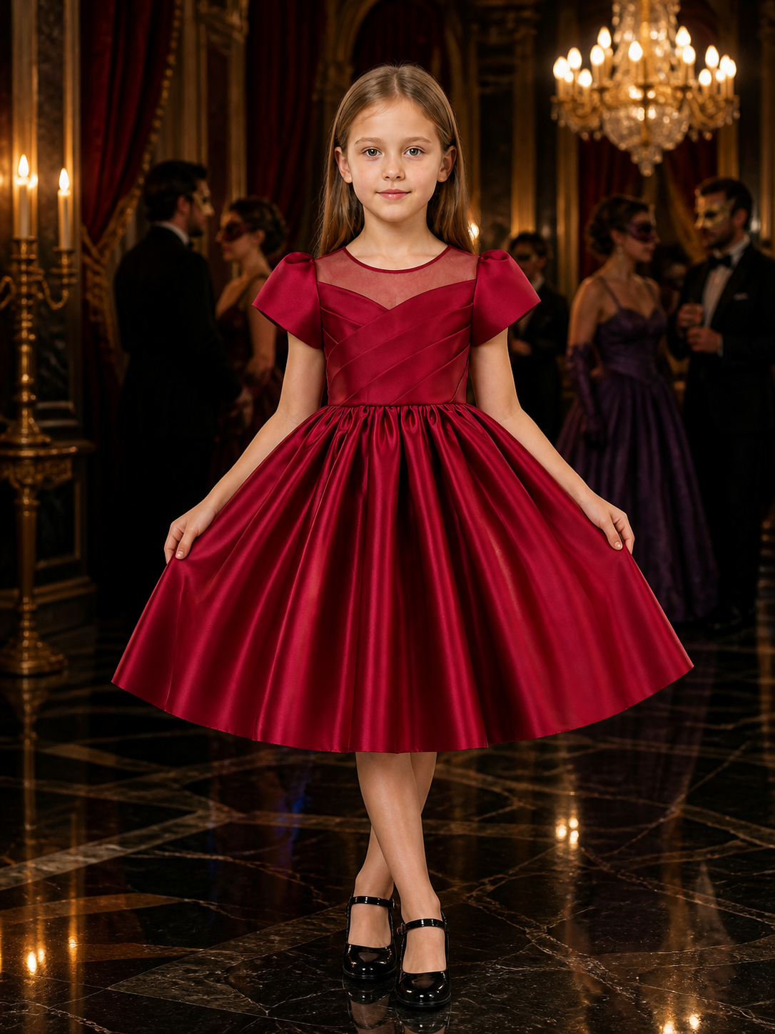 Girls' Burgundy Princess Dress, Short Sleeve Bow Detail Puff Skirt Gown Costume Dresses detail