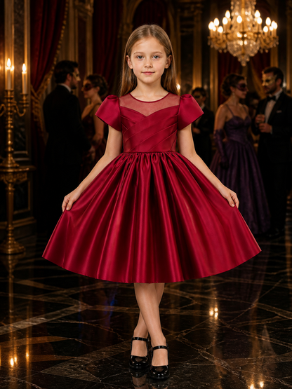 Girls' Burgundy Princess Dress, Short Sleeve Bow Detail Puff Skirt Gown Costume Dresses detail