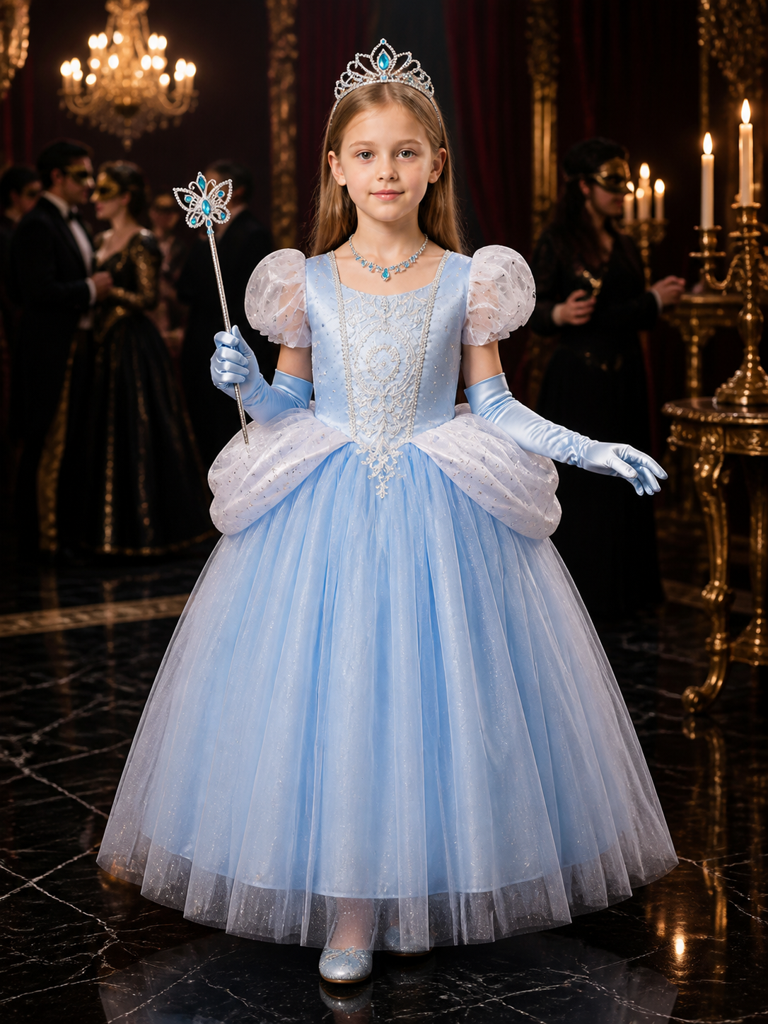 Girls Cinderella Princess Dress Costume Set - Light Blue Sparkly Tulle with