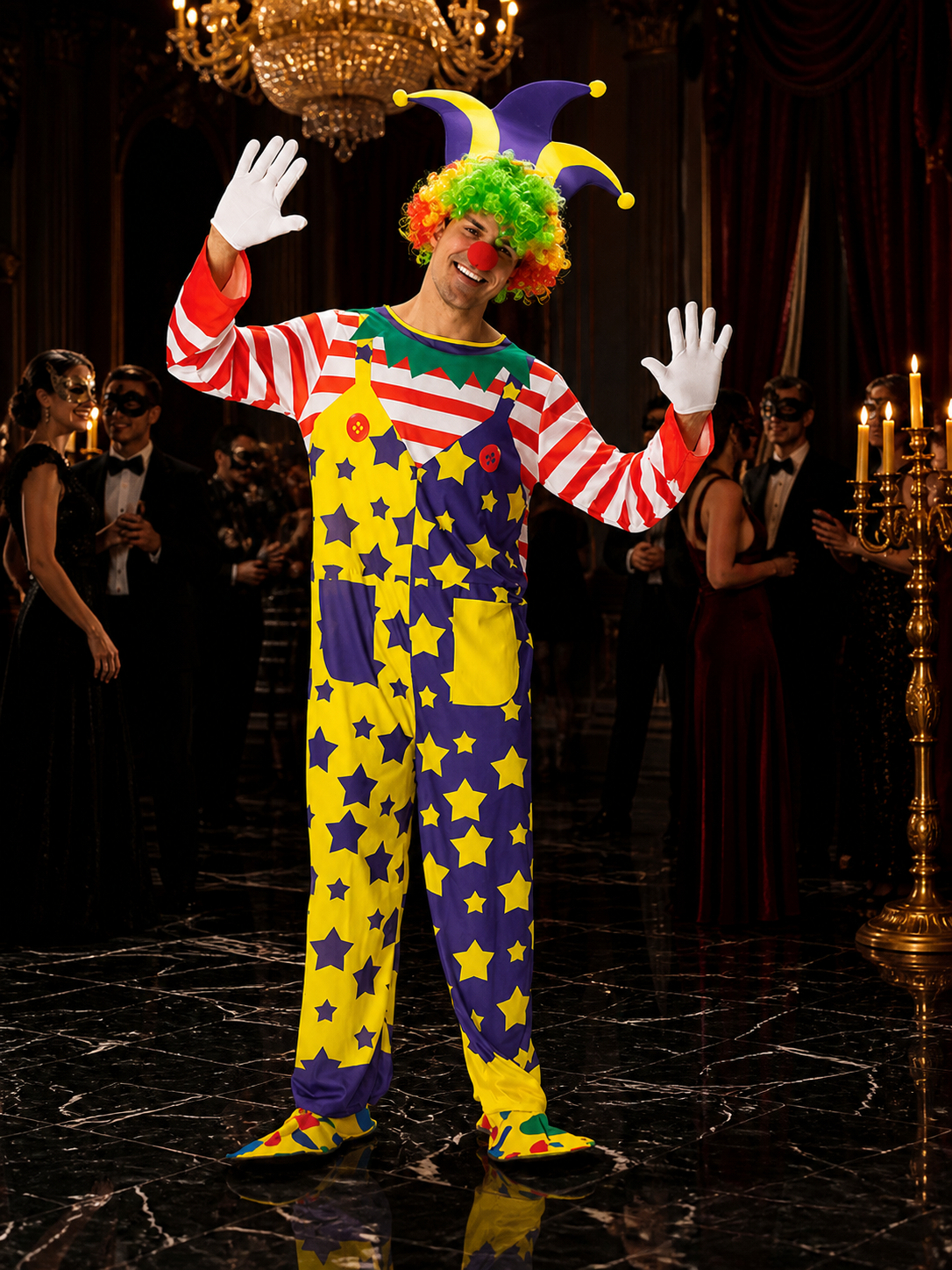 Unisex Adult Clown Jumpsuit Costume Set with Star Print, Striped Sleeves, and Costumes detail