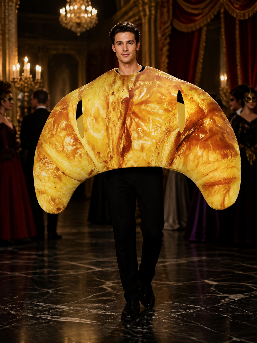 Adult Croissant Jumpsuit Costume, Funny Food Character Outfit for Halloween Costumes detail