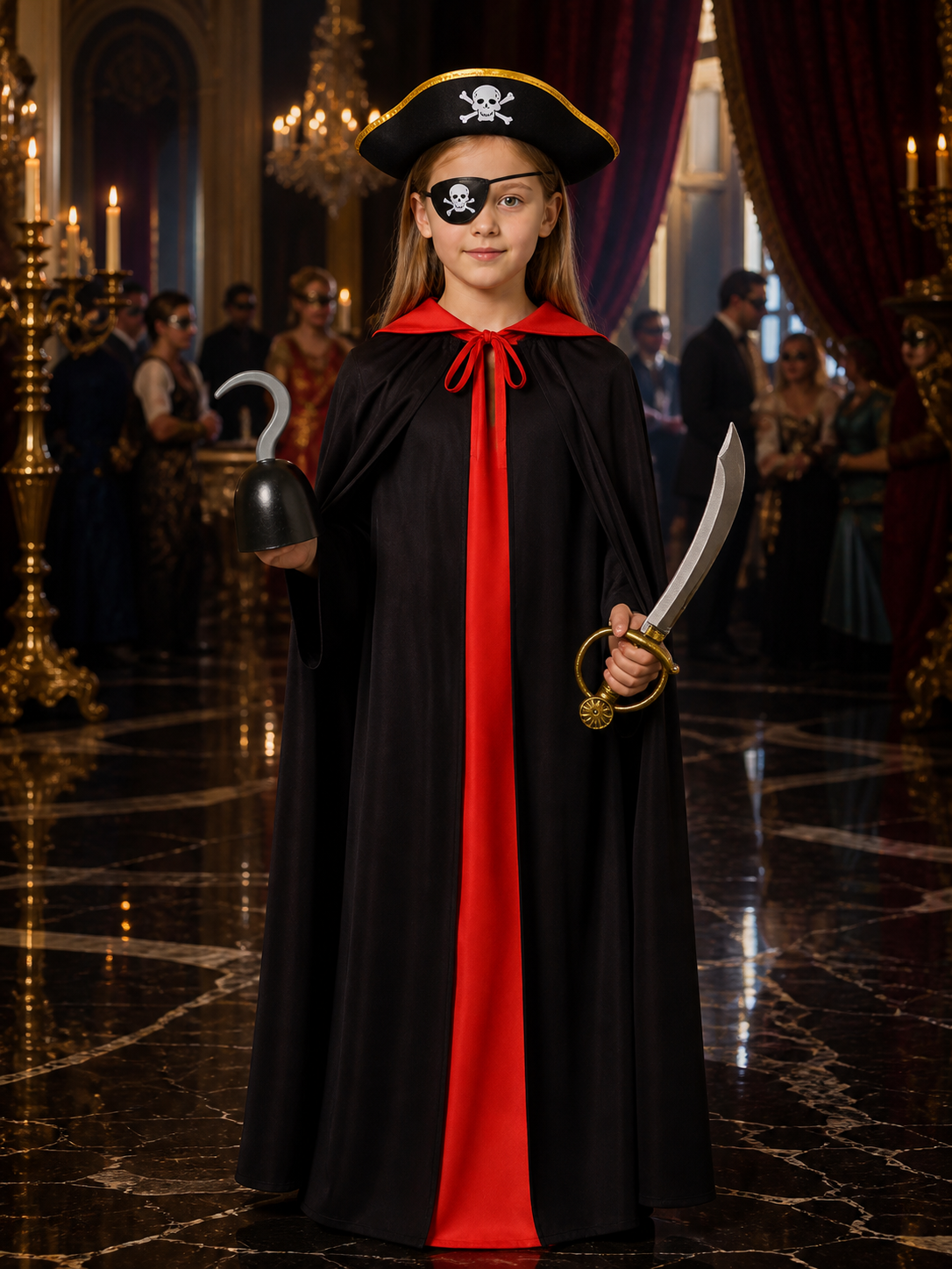 Pirate Costume Set, Black & Red Double-Sided Cape with Skull & Crossbones Hat Costume Capes detail