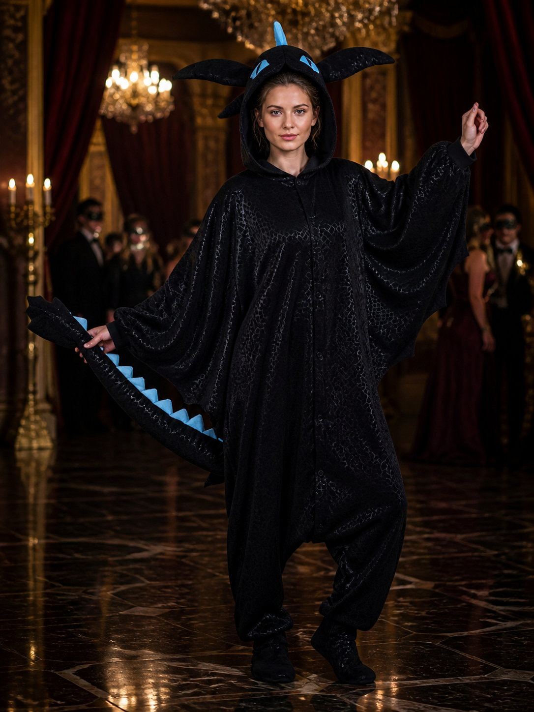 Dragon Hooded Jumpsuit Costume, Black with Blue Accents, Long Tail and Costumes detail