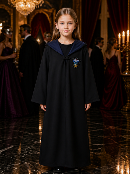 Dark Blue Magical School Robe Cosplay Costume with Shawl Collar and Crest Costumes detail