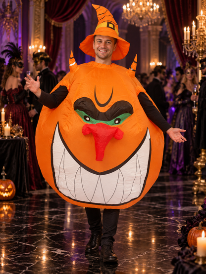 Inflatable Pumpkin Costume with Orange Hat and Fan