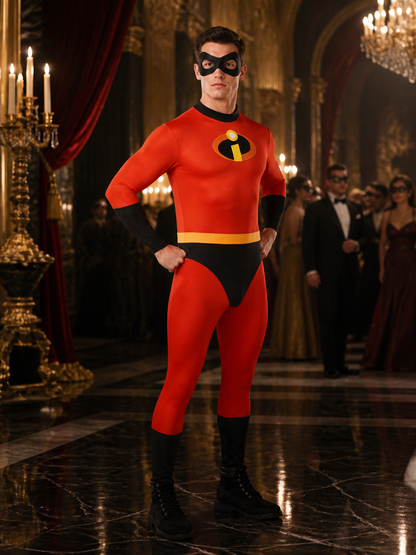 Kids' Red Black Superhero Jumpsuit with Yellow Belt, Halloween Costume Costumes detail
