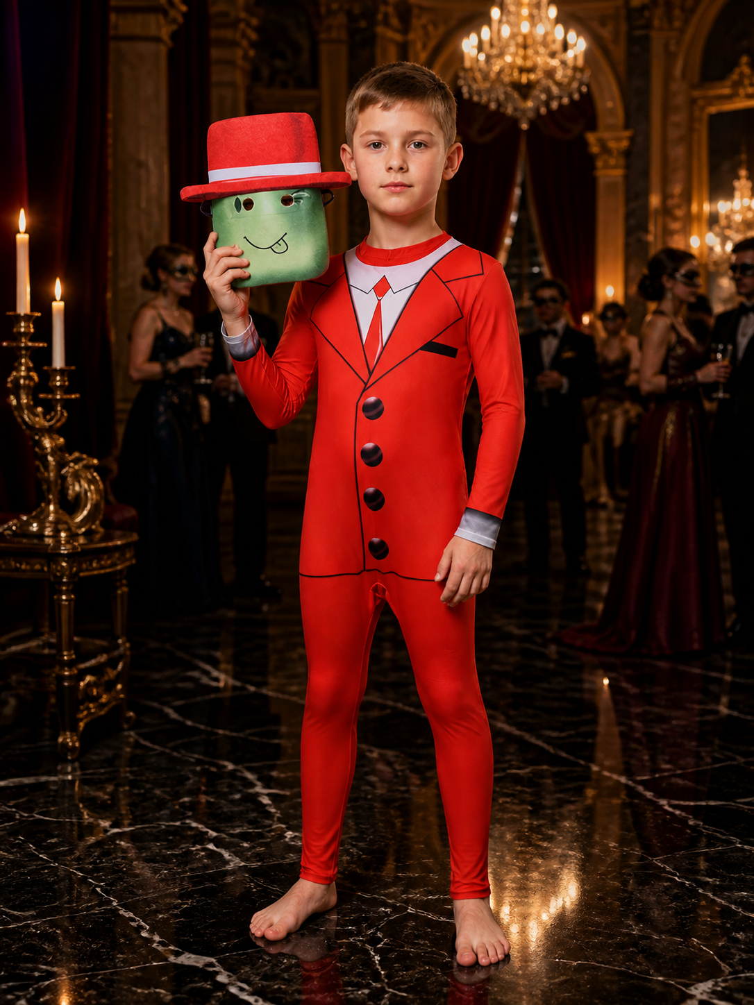 Roblox Red Suit Bodysuit Costume with Blocky Headpiece, Kids Cosplay Outfit for Costume Headwear detail