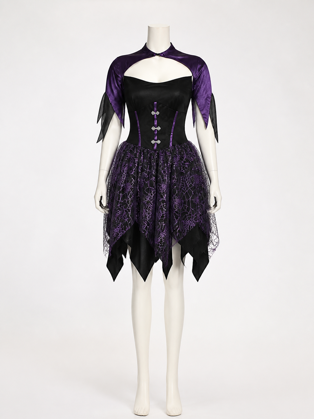 Gothic Witch Costume Dress, Black And Purple Spiderweb Asymmetrical Skirt Costume Dresses detail