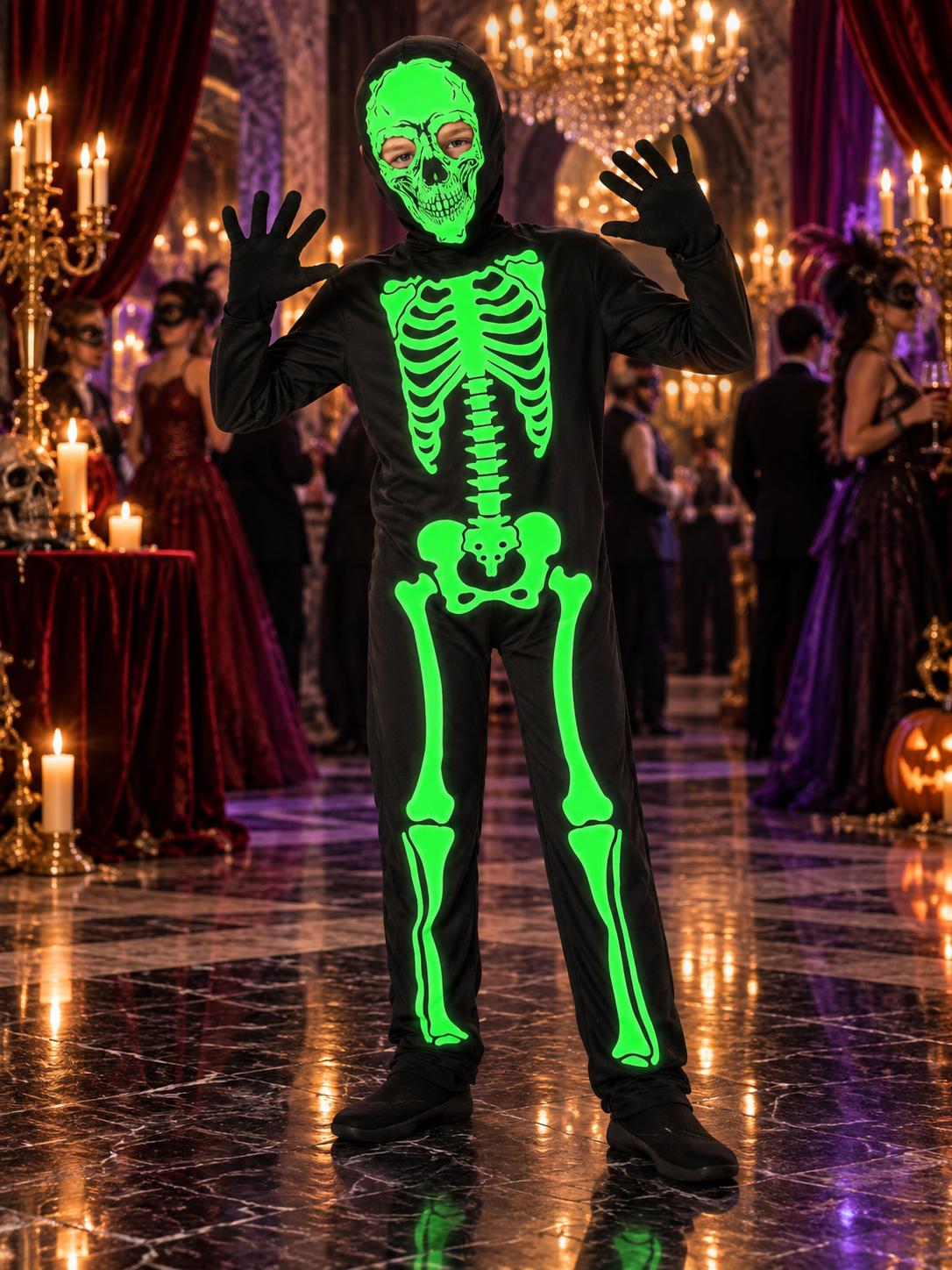 Kids' Skeleton Carnival Costume with Glow-in-the-Dark Print