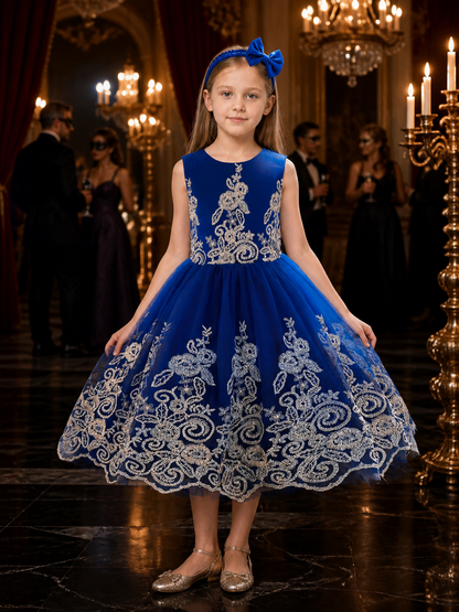 Girls' Blue Princess Dress and Bow Headband Set with Gold Floral Embroidery Costume Dresses detail