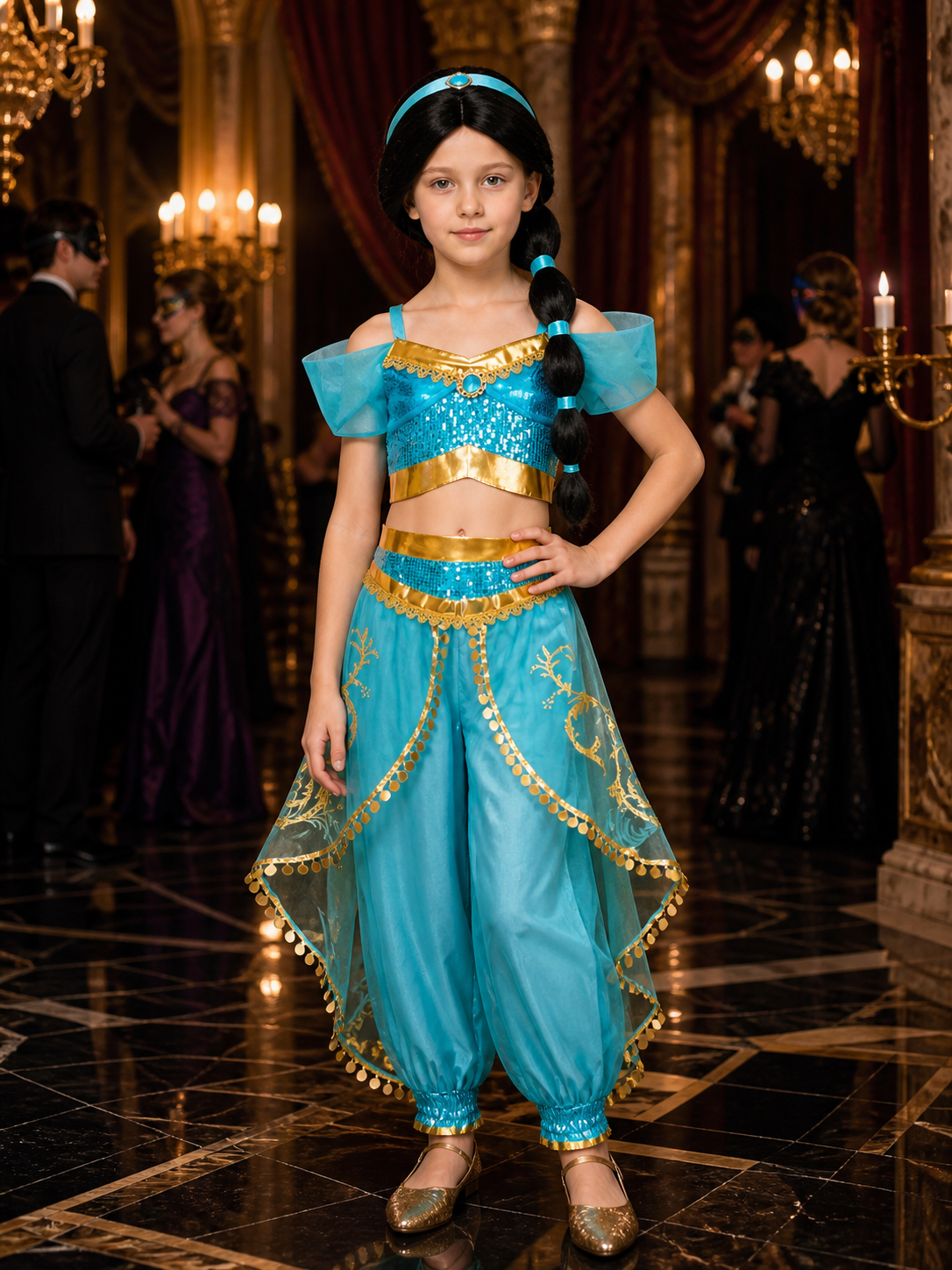 Girls' Arabian Princess Sequin Halloween Costume Set With Top, Pants And Wig Costume Wigs detail
