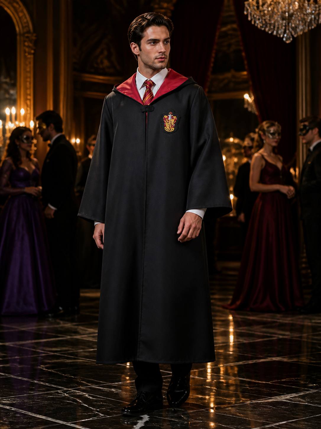 Gryffindor Wizard Robe Costume Set, Black Hooded Cape with Red & Gold Tie