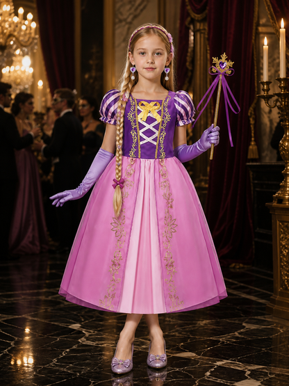 Girls' Rapunzel-Style Princess Costume Dress Set With Wig, Earrings, Gloves And Costume Dresses detail