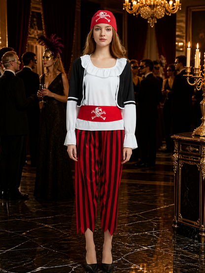 Adult Pirate Costume Set, Skull Crossbones Top, Striped Pants, Belt & Headscarf Costumes detail
