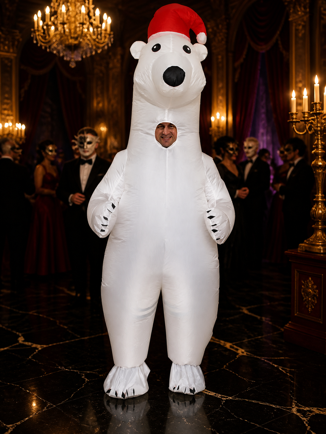 Polar Bear Inflatable Costume with Red Santa Hat and Black Claws for Halloween Costume Headwear detail