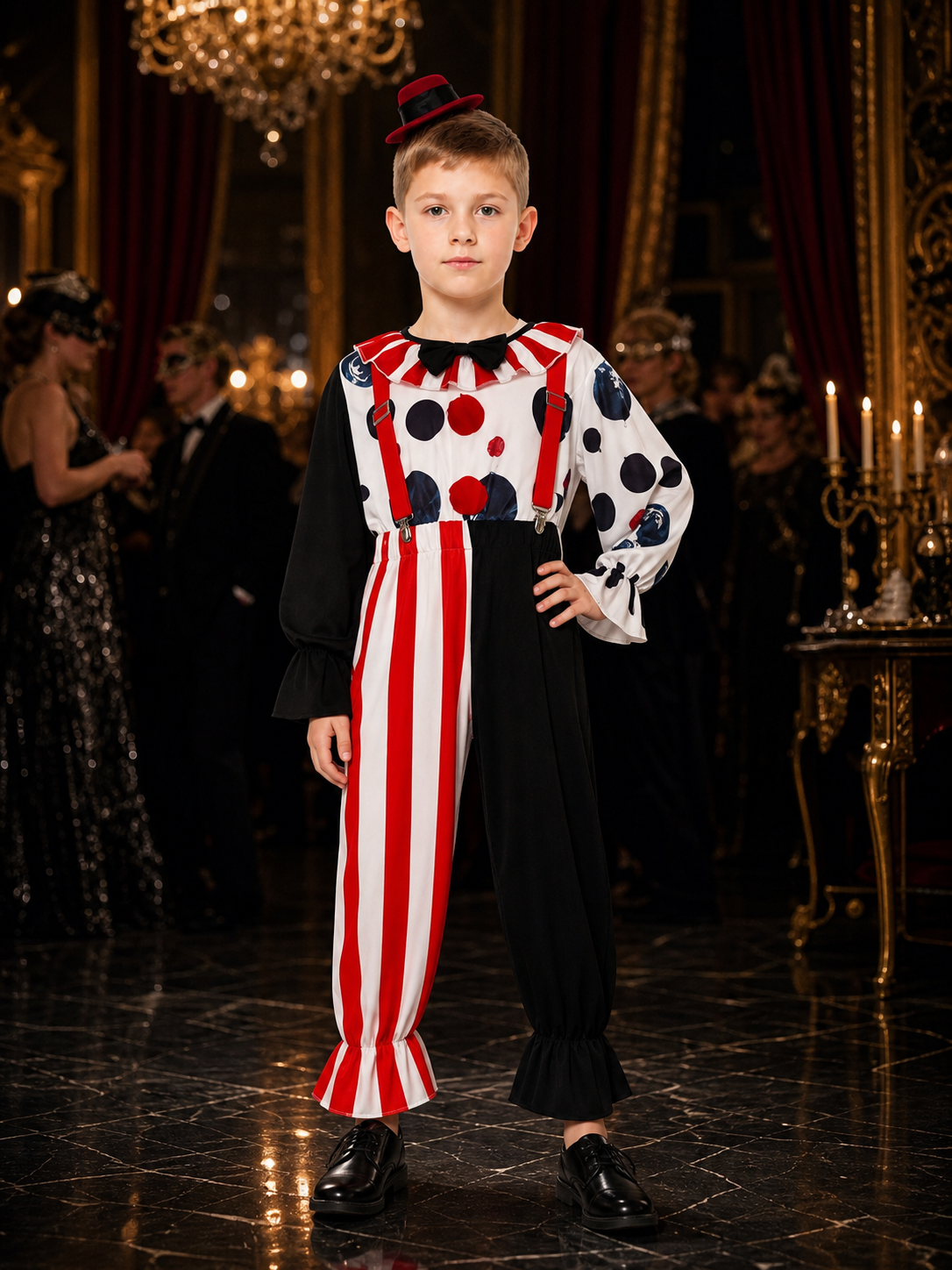 Men's Clown Costume Set With Polka Dot Top, Striped Pants, Hat and Suspenders Costume Headwear detail
