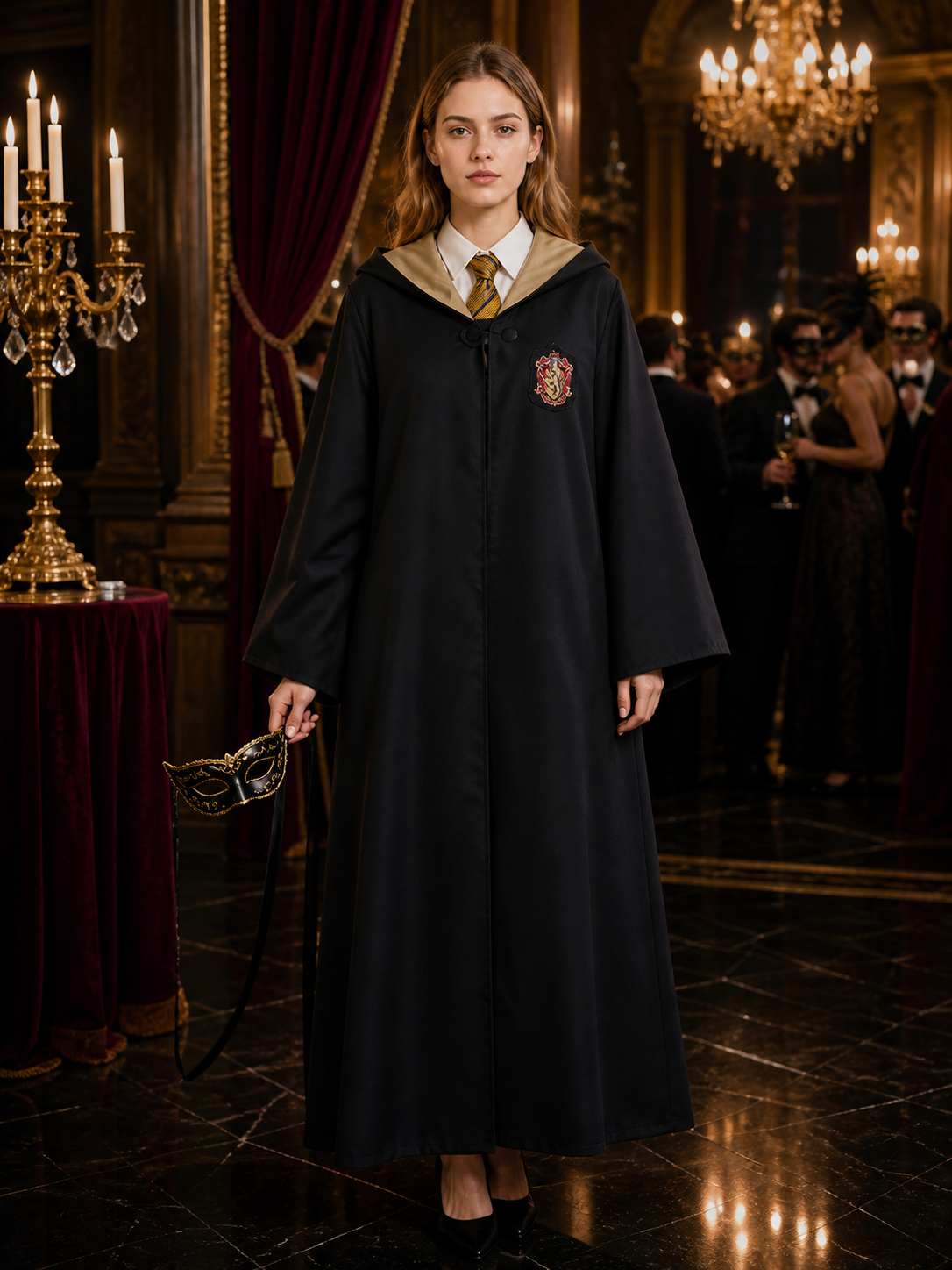 Kids Wizard Hooded Robe Costume Set with Yellow and Dark Blue Striped Tie and Costumes detail