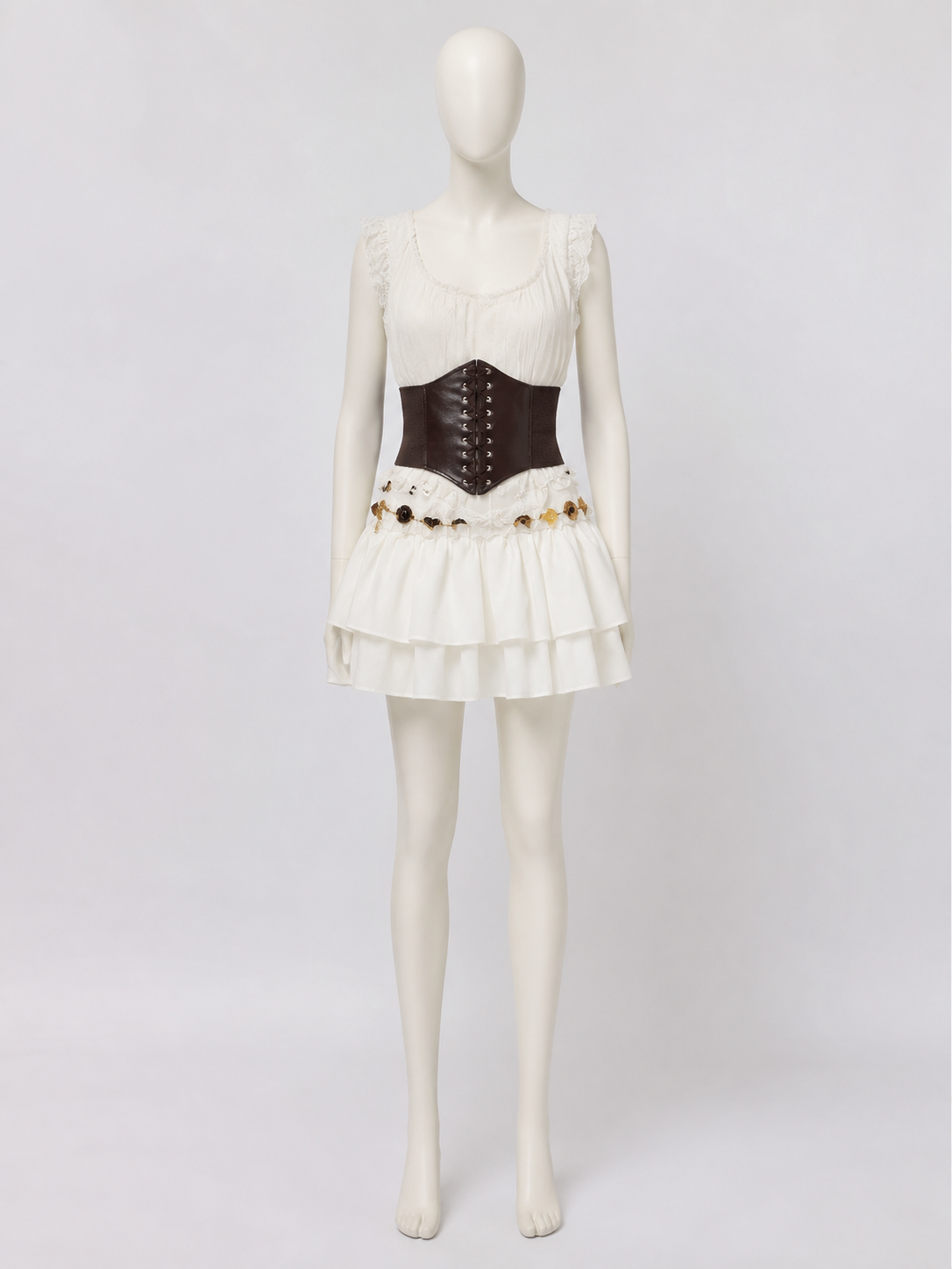 Pirate Costume Set for Adults, White Ruffle Skirt, Black Waist Cincher & Red Costumes detail