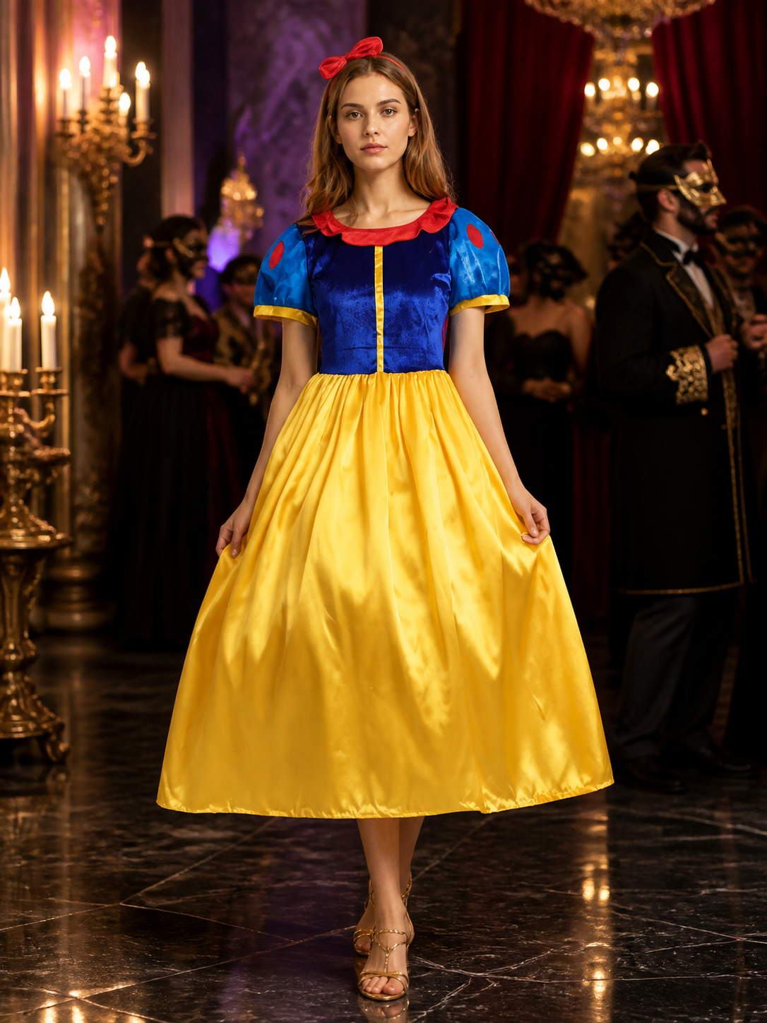 Women's Princess Cosplay Costume Dress, Blue & Yellow with Red Bow Headband and Costume Dresses detail