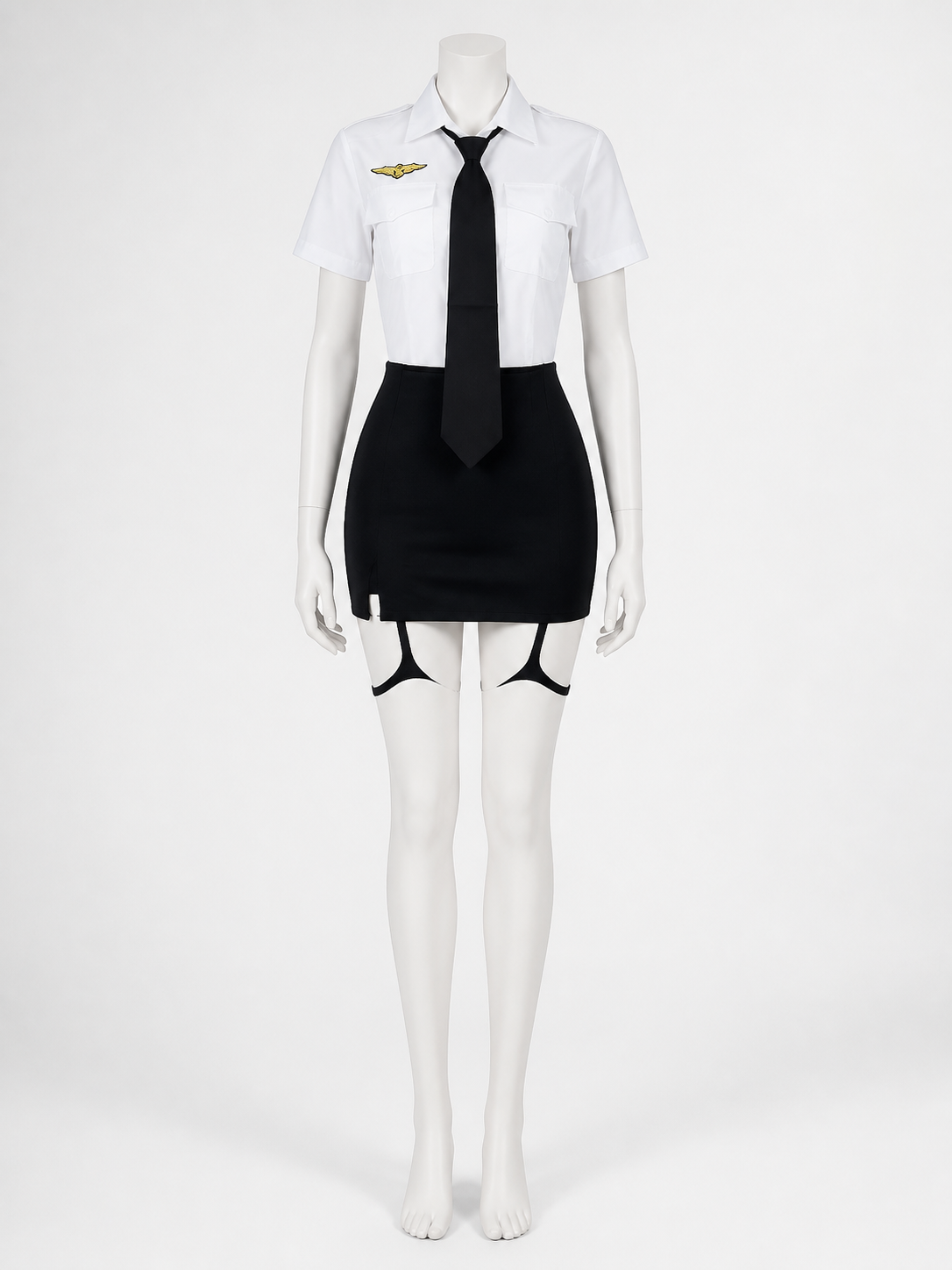 Women's Sexy Police Costume Set - White Uniform Top with Gold Badge, Black Skirt Costumes detail