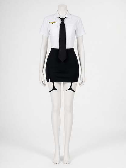 Women's Sexy Police Costume Set - White Uniform Top with Gold Badge, Black Skirt Costumes detail