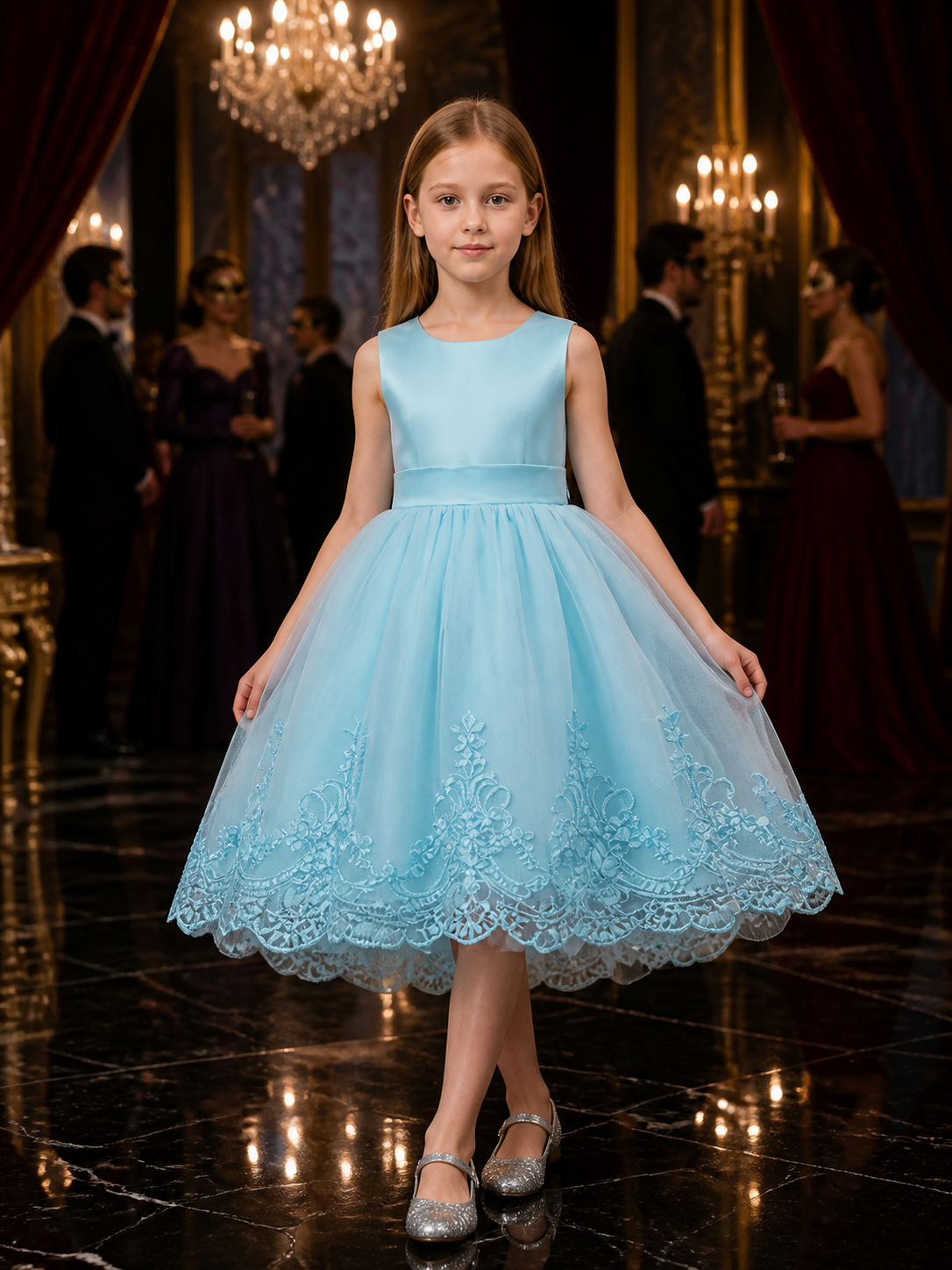 Girls' Princess Dress, Sleeveless Tulle Dress With Lace Trim, Sky Blue Costume Dresses detail
