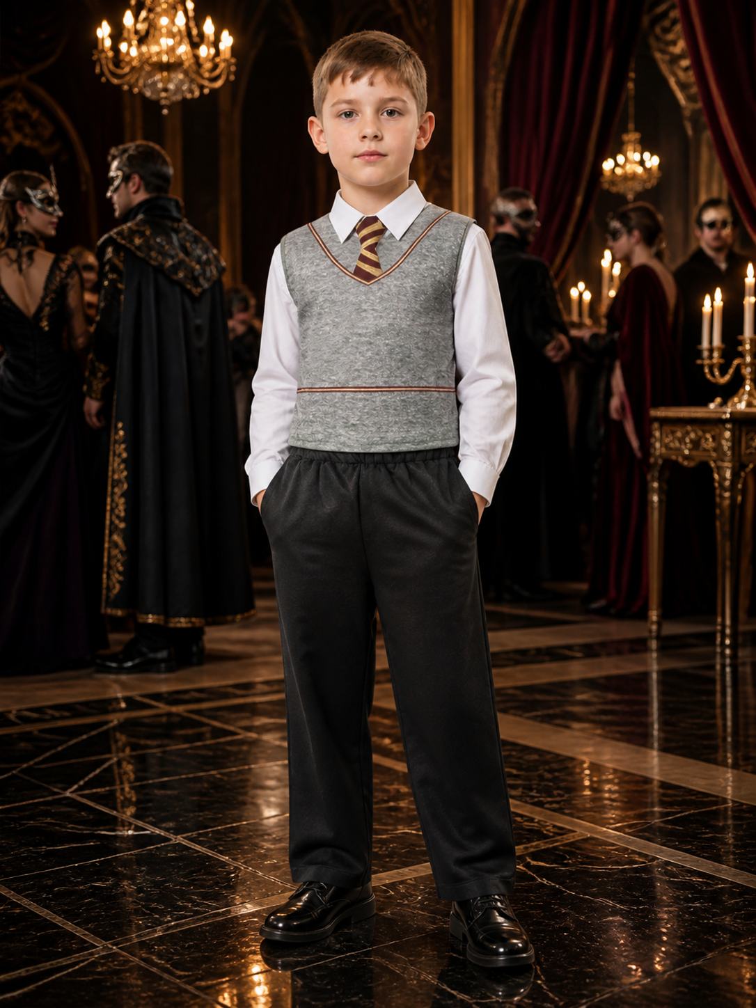 Children's Wizard Costume Set with Gray Sleeveless Top, Black Pants and Red-Gold Costumes detail