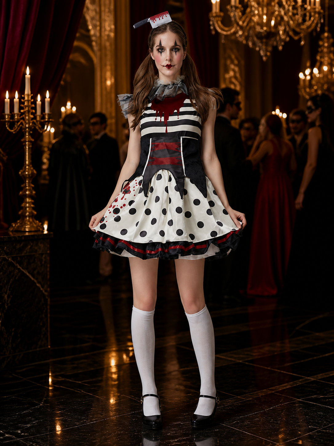 Adult Clown Costume Dress, Black White Striped Ruffle Gown with Blood Print Costume Dresses detail