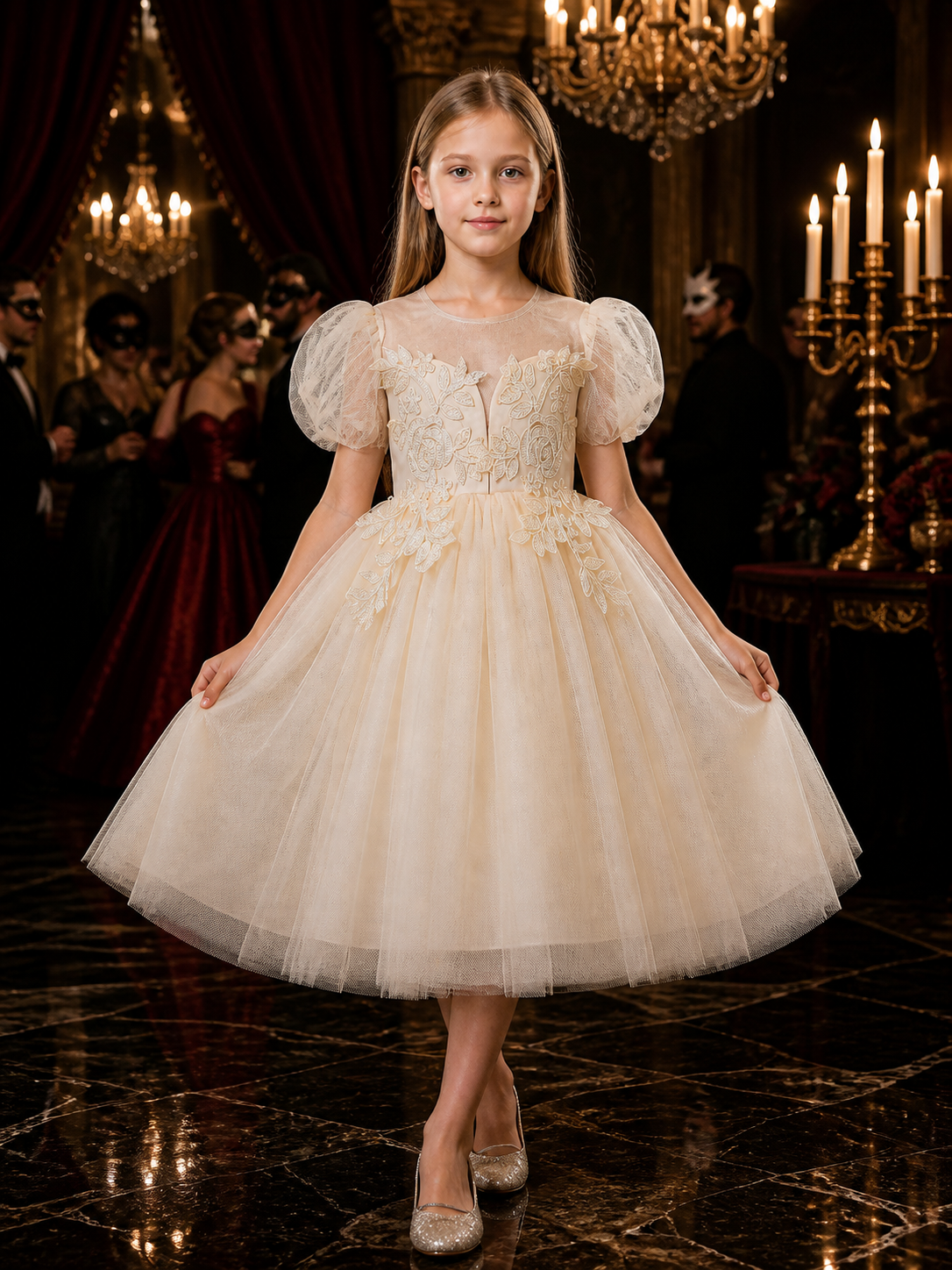 Toddler Girls' Ivory Princess Dress with Floral Vine Embellishments and Layered Costume Dresses detail