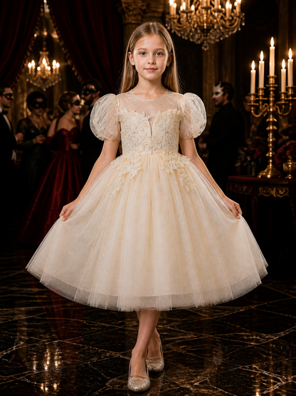 Toddler Girls' Ivory Princess Dress with Floral Vine Embellishments and Layered Costume Dresses detail