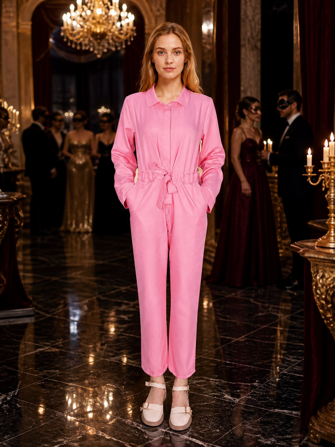 Barbie Ken Pink Jumpsuit Costume for Adults and Kids, Long Sleeve Collar Bow Costume Accessories detail