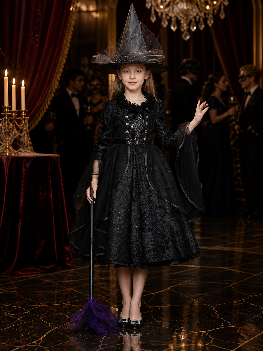 Black Gothic Witch Costume Set with Dress and Hat, Mesh Trim, Halloween Outfit