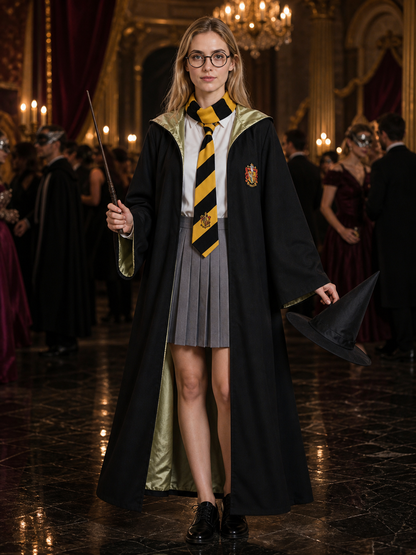 Black And Gold Hooded Wizard Costume Set With Robe, Shirt, Skirt And Accessories Costume Accessories detail
