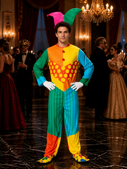 Adult Unisex Clown Jumpsuit Costume with Hat, Multicolor Striped Polka Dot Costume Headwear detail