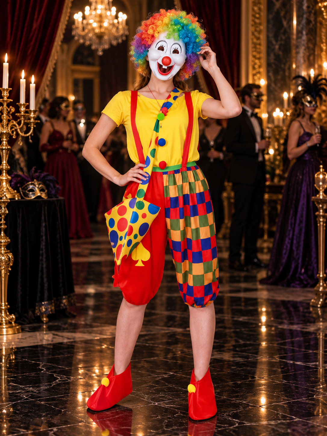 Adult Clown Costume, Yellow T-Shirt, Wig, Mask