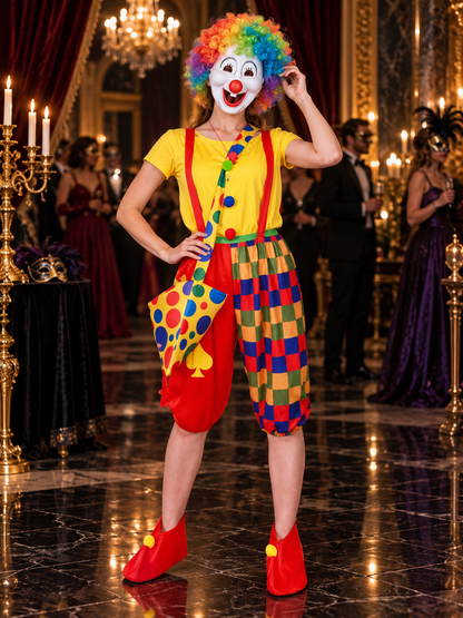 Adult Clown Costume, Yellow T-Shirt, Wig, Mask