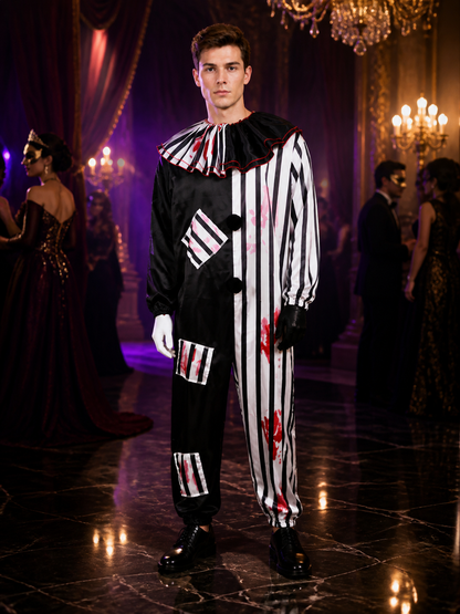 Horror Clown Jumpsuit Costume, Ruffled Collar, Striped Splatter Print Costumes detail